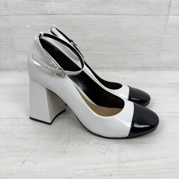 Schutz Size 8.5 B Dorothy High Block Heels Patent Leather Black White W/ FLAW - Picture 1 of 12